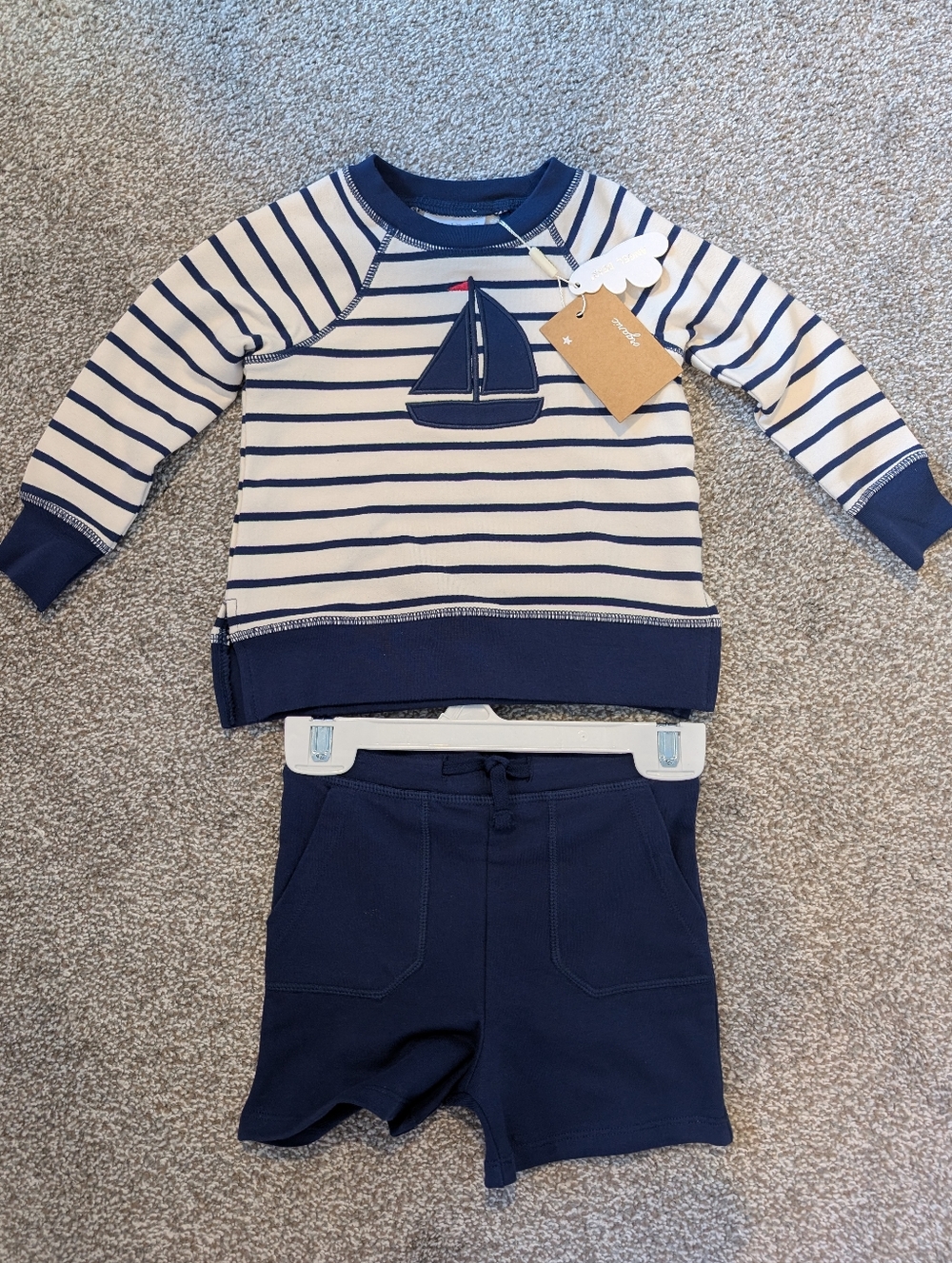 Angel Dear Striped Navy Sailboat Sweatshirt And Short Matching Set 12-18 Months